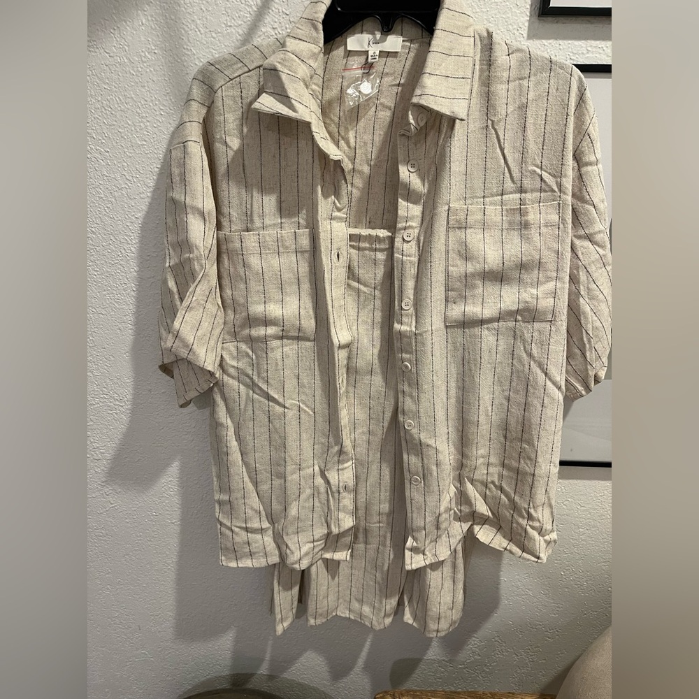 Striped Beige Button-Up Shirt and dress set